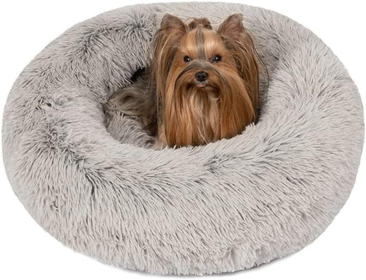 Calming Donut Dog Bed- Ultra-Soft Plush Fax Fur Anti-Anxiety Cozy Pet Sofa for Small, Medium & Large Dogs & Cats | Machine washable | Orthopedic Support