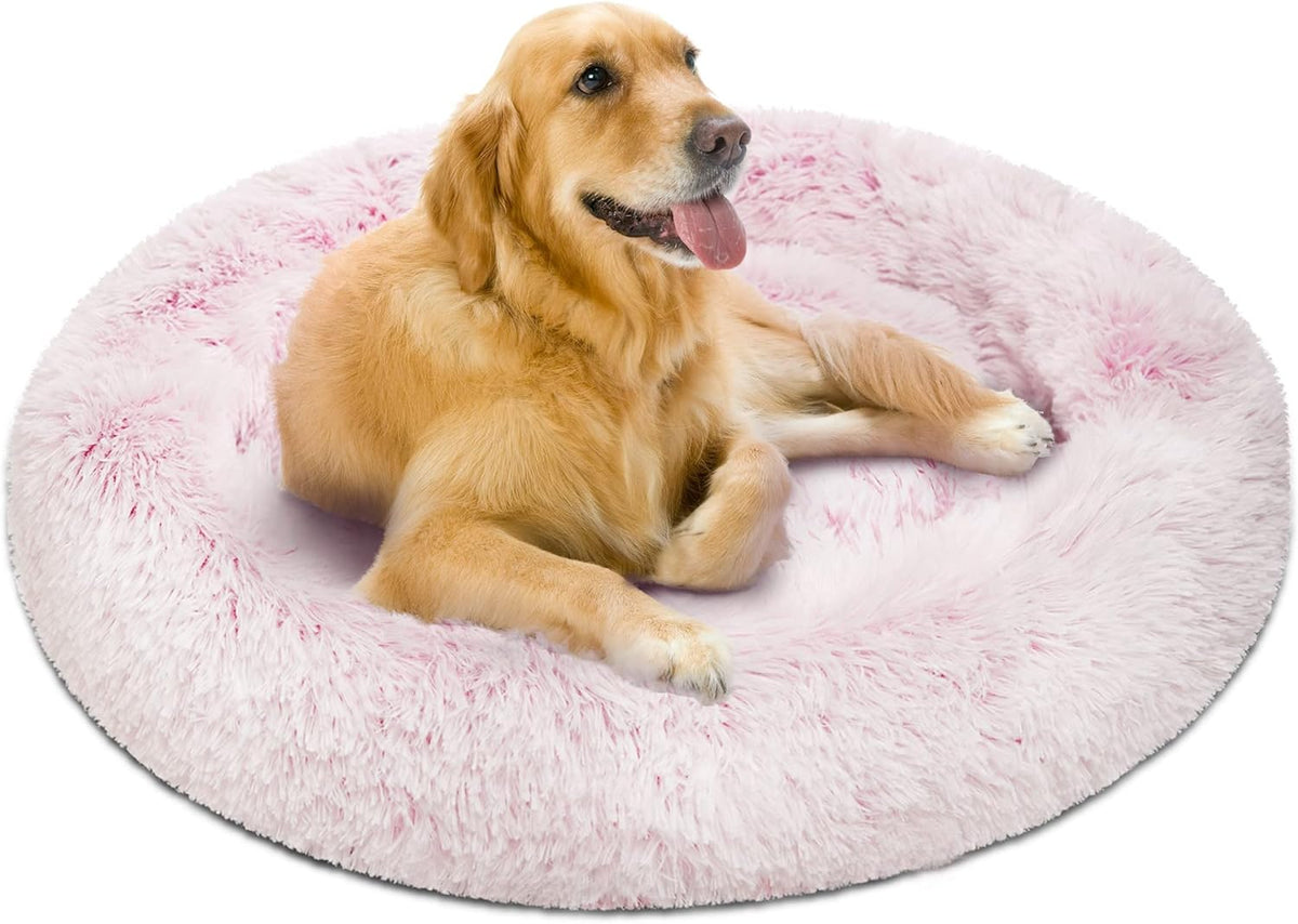 Calming Donut Dog Bed- Ultra-Soft Plush Fax Fur Anti-Anxiety Cozy Pet Sofa for Small, Medium & Large Dogs & Cats | Machine washable | Orthopedic Support